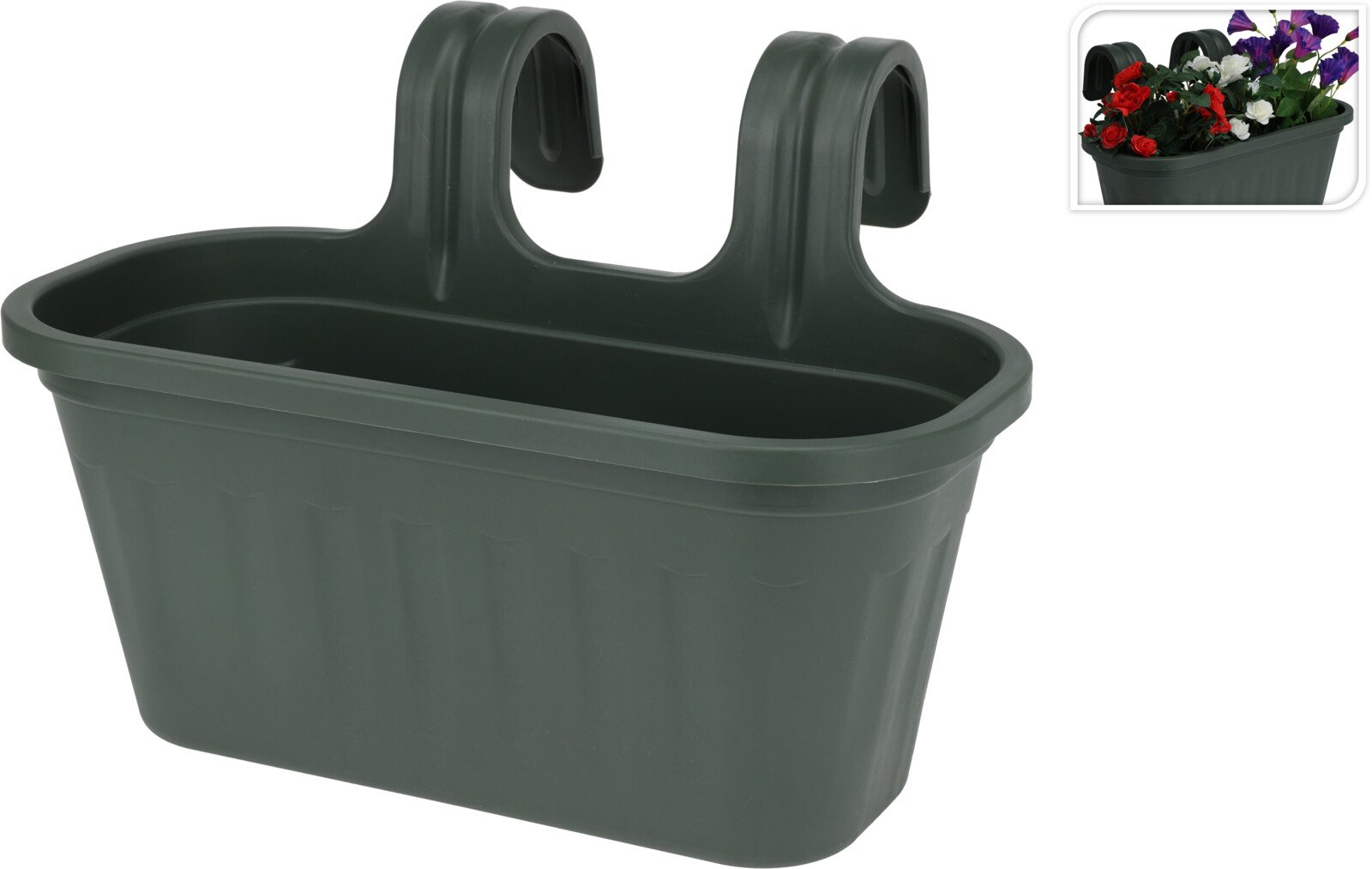 Plastikinis lauko vazonas, pakabinamas, žalios sp., 38 x 28 x 25 cm