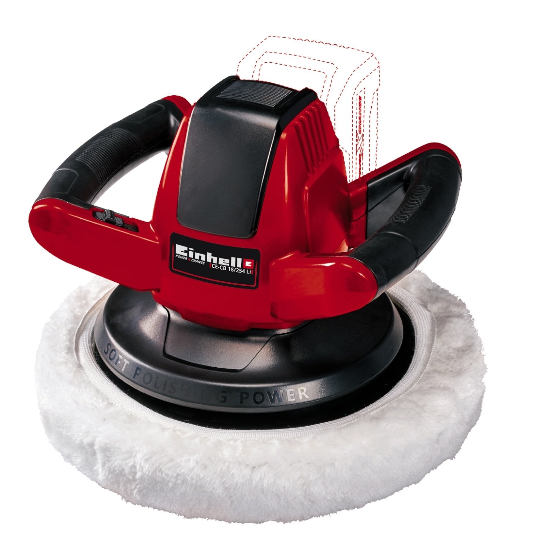 Akumuliatorinis poliruoklis EINHELL CE-CB 18/254 Li, 18/254 Li, 18 V, Li-ion, poliravimo diskas 254 mm, svoris 1,93 kg, maks. greitis be apkrovos 2500 aps./min, be akum.