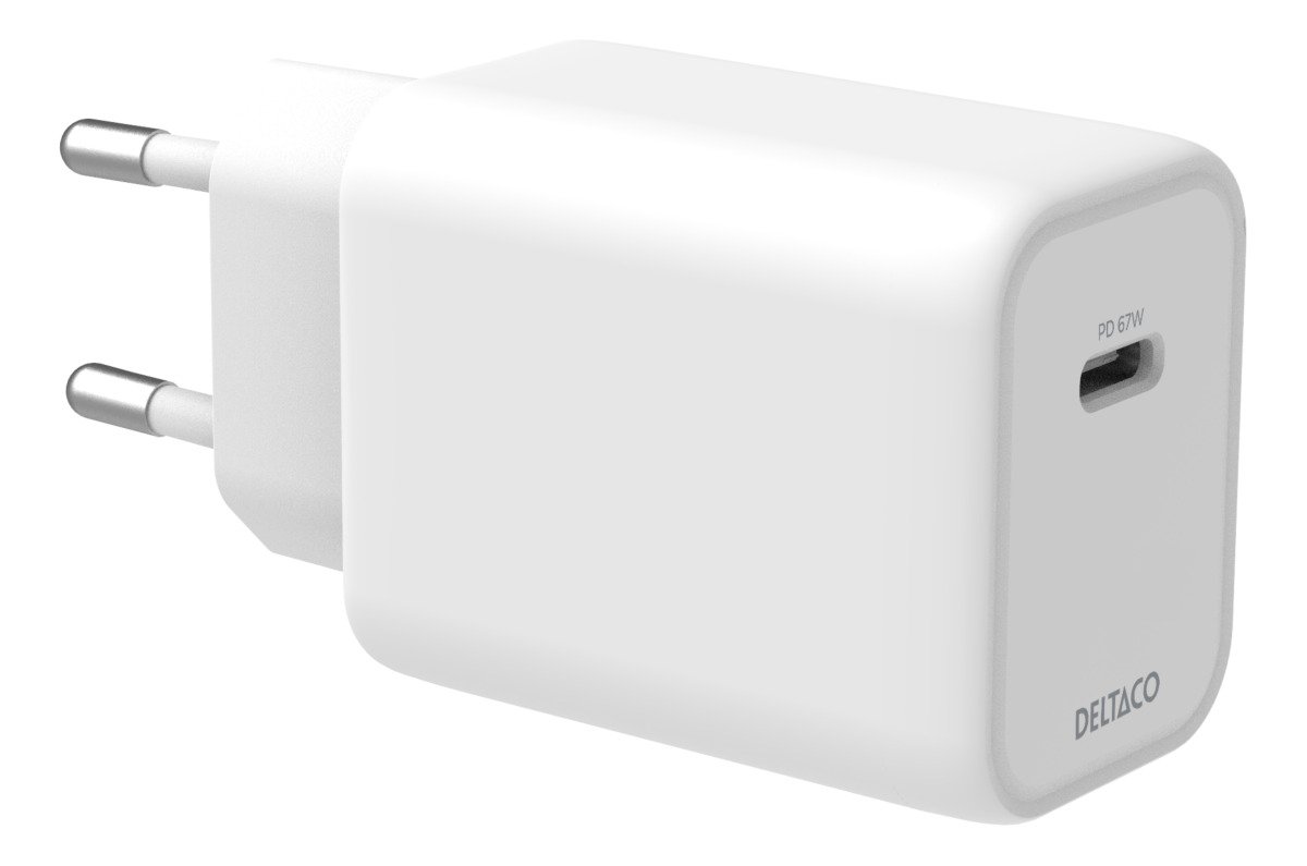 Telefono įkroviklis DELTACO USBC-GAN05, 1x USB-C, 67 W, baltos sp.