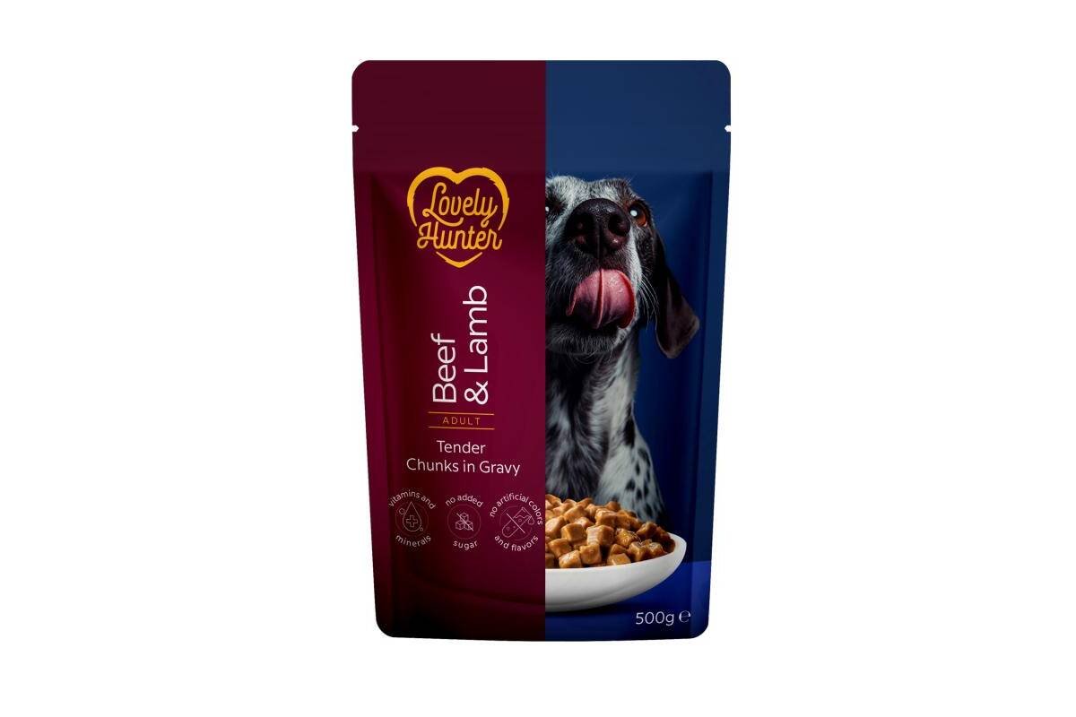 Konservuotas šunų ėdalas LOVELY HUNTER, visų veislių suaugusių šunų šlapias pašaras su jautiena ir ėriena, 500 g