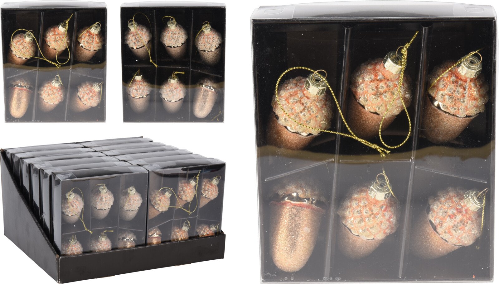 Eglutės žaisliukų rinkinys Gilės, 6vnt., 2 skirtingos spalvos: rožinė/ bordinė sp., 40 x 40 x 65 mm