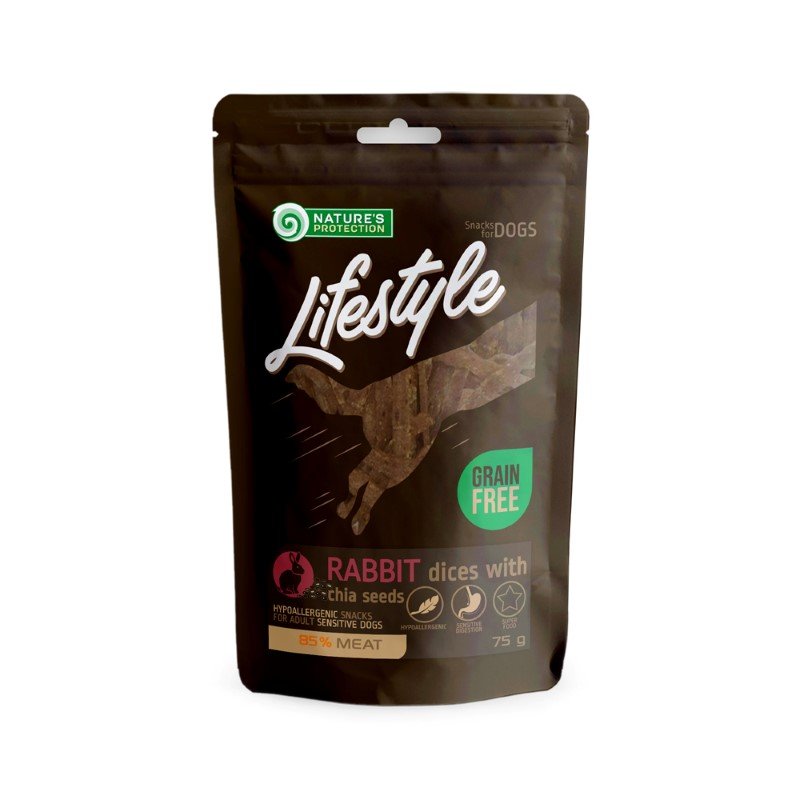 Skanėstas šunims NATURE'S PROTECTION LIFESTYLE, minkšti triušienos gabaliukai, su ispaninio šalavijo sėklomis, 75g