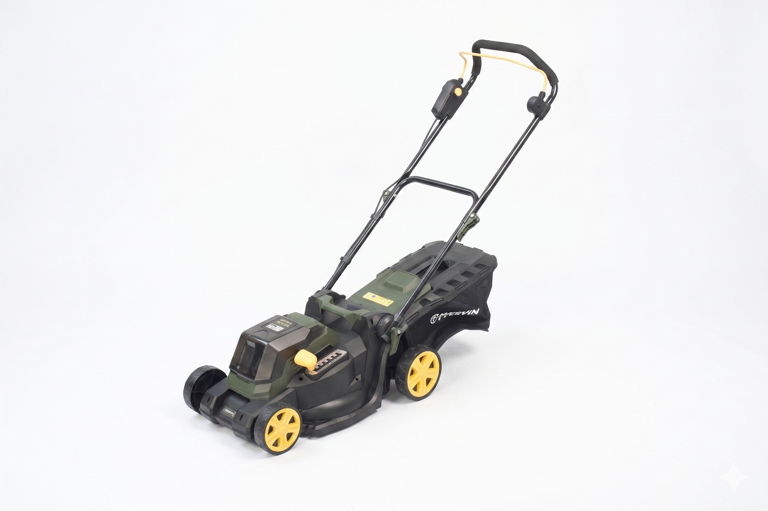 Akumuliatorinė vejapjovė HERVIN BATTERY GY215201, 20 V, darbinis plotis 380 mm, 25-72 mm, surinkimo krepšys 45 l, bešepetėlis variklis, stumiama, be akumuliatoriaus ir kroviklio