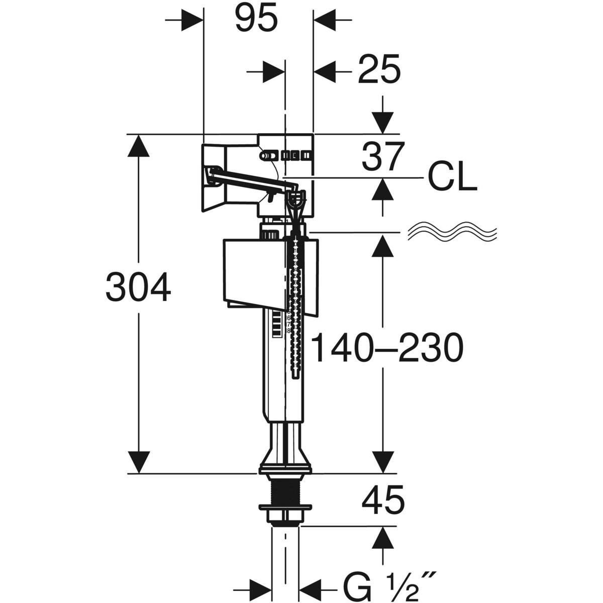 Vandens prileidimo mechanizmas GEBERIT 340 Tipo, vandens tiekimo jungtis apačioje, 1/2", plastikinė įmova