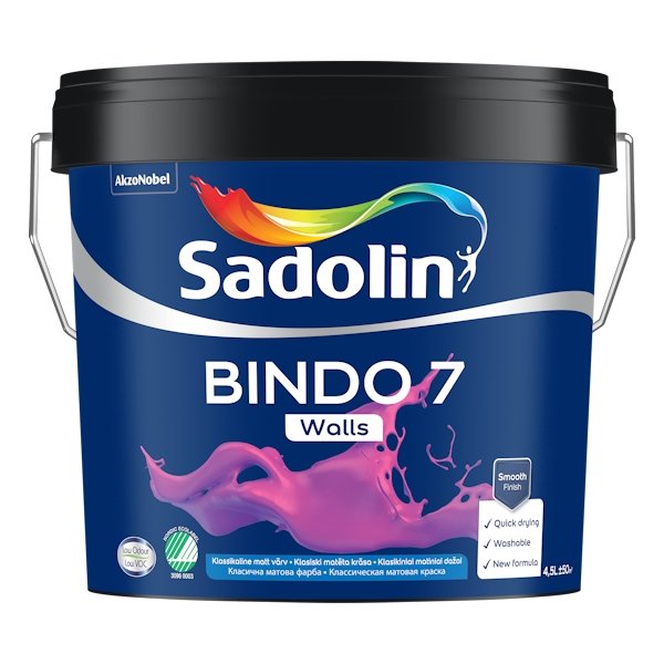 Vandeniniai vidaus dažai SADOLIN Bindo 7, 4,5 l, BW bazė, balti, matiniai