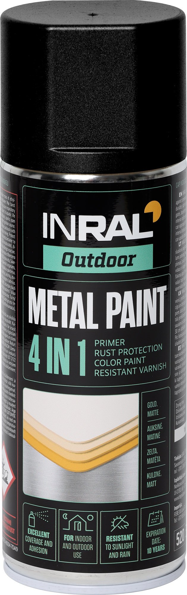 Aerozoliniai dažai metalui INRAL Metal Paint 4In1, 400ml juodi matiniai