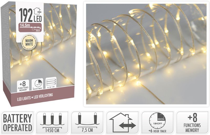 LED girlianda, su 192 LED, šiltai baltos sp., ilgis 14,5 m