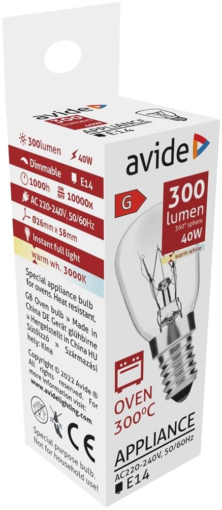 Kaitrinė lempa AVIDE AT-4562, orkaitei, 40W, E14, 300°C, 3000K, 300 lm