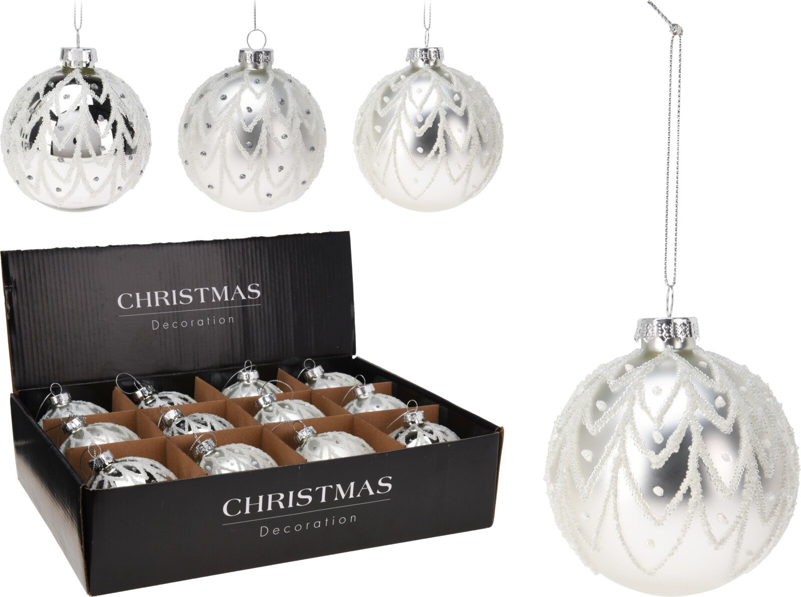 Eglutės žaisliukas, stiklas, dekoruotas karoliukais, sidabrinės sp., skersmuo 8 cm