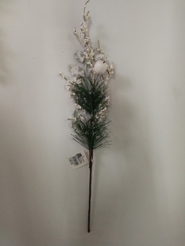 Kalėdinė dekoracija Šakelė, su žalios ir baltos spalvos lapeliais, ir balta uoga, 60 cm