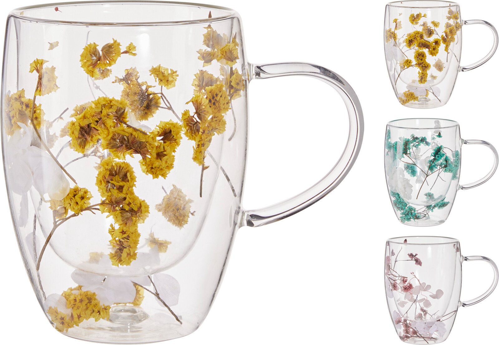 Dvigubo stiklo puodelis, 350 ml, gėlių dizaino, 3 skirtingos spalvos