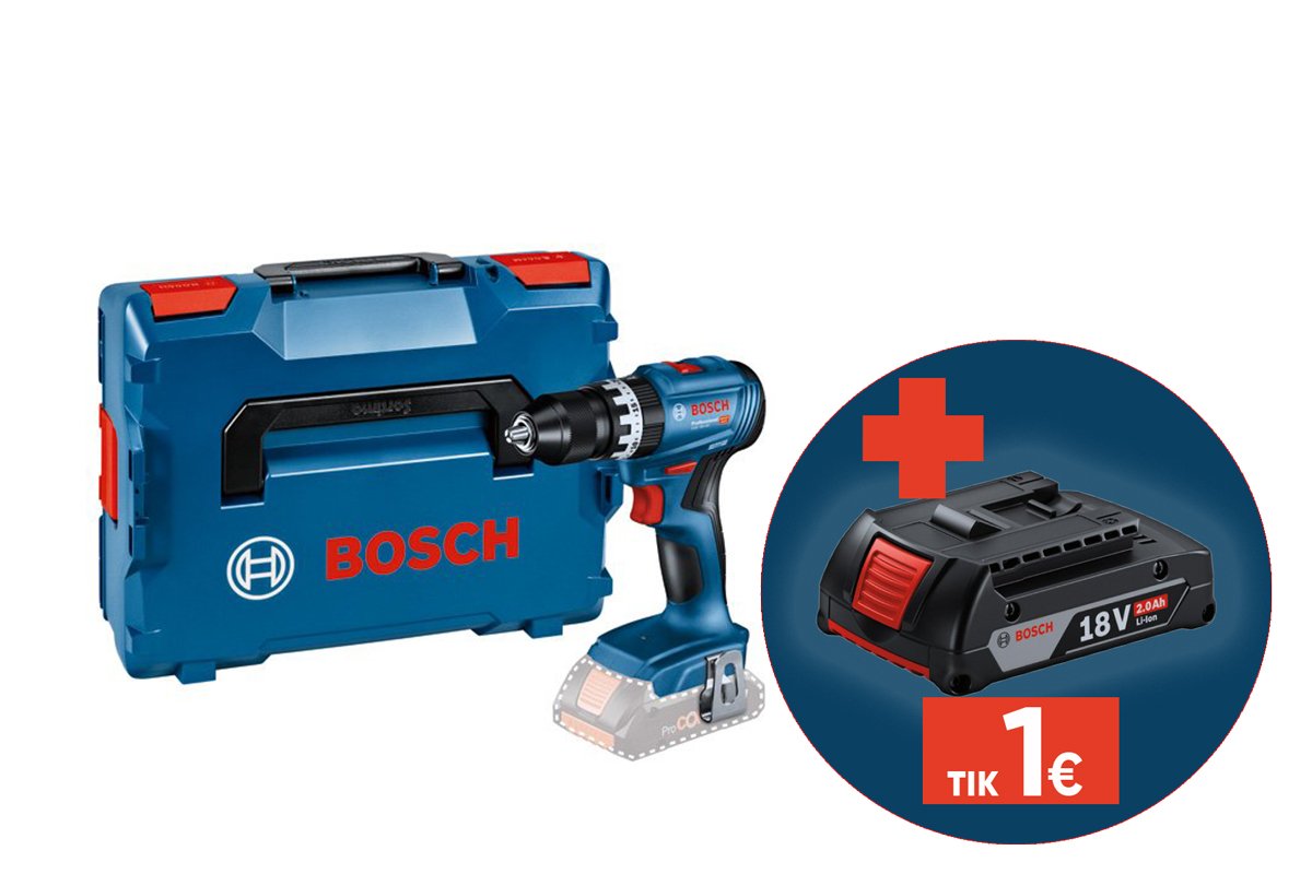 Akumuliatorinis smūg. gręžtuvas BOSCH Professional GSB 18V-45, Solo, maks. sukimo momentas 45 Nm, be akumuliatoriaus ir kroviklio, lagamine