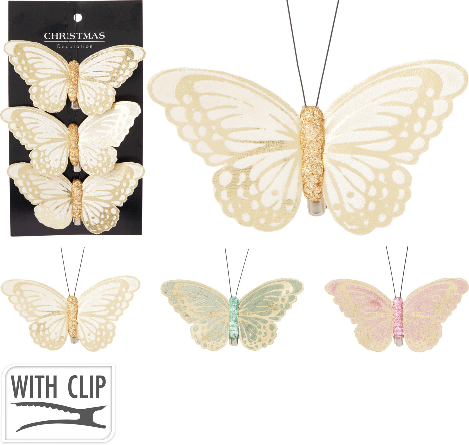 Kalėdinė dekoracija Drugelis, 3 vnt., su segtuku, 3 skirtingos sp., 10 x 6 x 1,5 cm