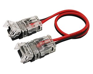 Šviesos diodų juostos jungtis EUROLIGHT Co-8-Pcb-C-Pcb, 2 kontaktų, 5A, 8 mm pločio juostai, 12/24V, su 10 cm ilgio laidu, tinkamas IP20/IP65/IP66 LED juostai, 24,3x12,6x7,8 mm