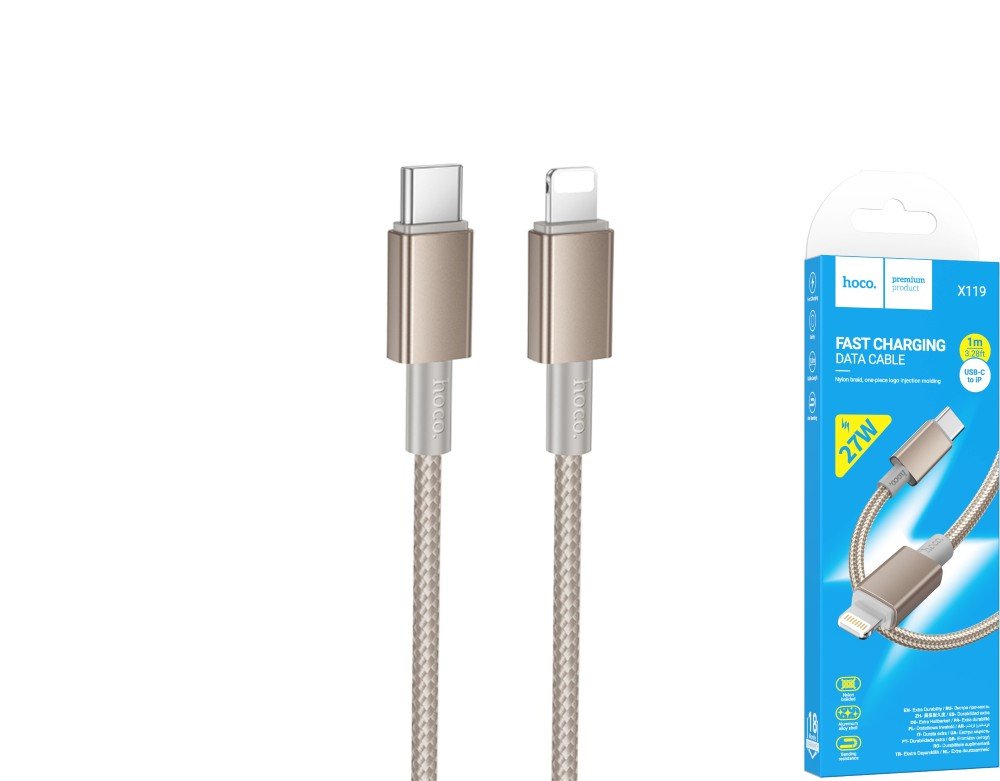 Įkrovimo laidas HOCO 119, Type C - Lightning, sustiprintas, palaikomas įkrovimas iki 27W, laido ilgis 1m, aukso sp.