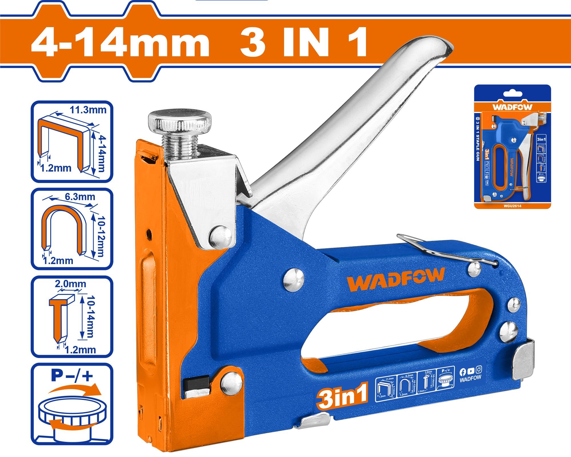 Kabių segiklis WADFOW, 3 in 1, D tipas 4-14 mm, U tipas 10-12 mm, T tipas 10-14 mm, storis 1,2 mm, WGU2614