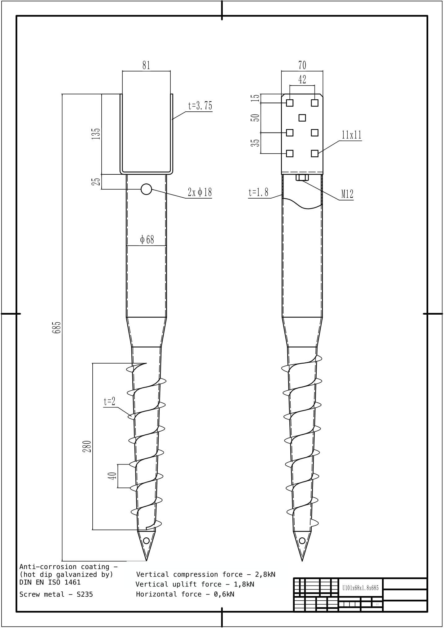 Įsukamas sraigtinis U tipo polius, 81 x 685 x 1,8 mm, HDG | MOKI VEŽI