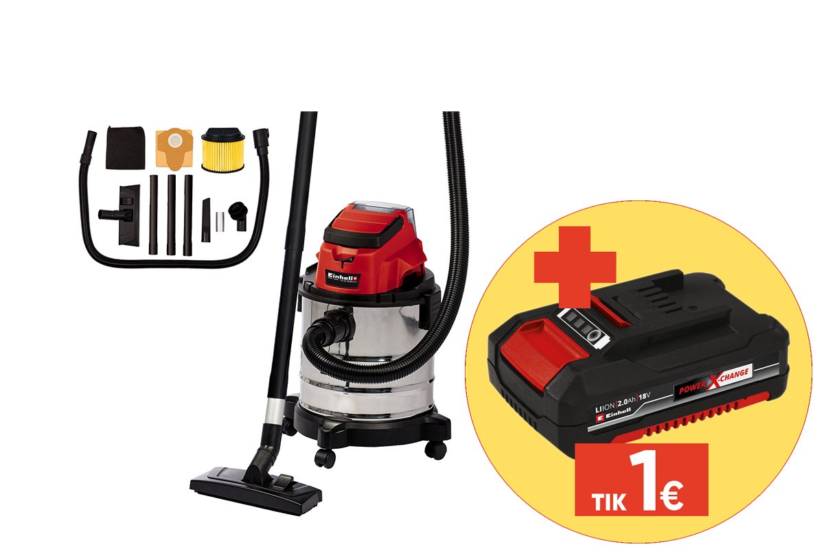 Akumuliatorinis dulkių siurblys EINHELL TC-VC 18/20 Li, Solo, 18 V, Li-ion, be akumuliatoriaus ir kroviklio, maks. siurbimas 8 kPa