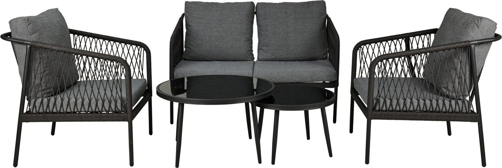 Sodo baldų komplektas, 5 dalys, 2 stalai, 2 foteliai, dvivietė sofa, pilkos sp.
