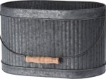 Metalinis lauko vazonas, ovalus, su medine rankena, pilkos sp., 22 x 15 x 15 cm.