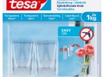 Klijuojami kabliukai TESA 77735, 2 vnt. x 1 kg, skaidrūs kabliukai DECO, skirti iki 1 kg svorio kabinti, komplekte 4 dvipusio lipnumo juostelės