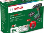 Akumuliatorinis smūg. gręžtuvas BOSCH Green Universal Impact, 18V-60, 2 x 2 Ah, maks. sukimo momentas 60 Nm, bešepetėlis variklis, 13 mm metalinis griebtuvas, svoris 1,3kg