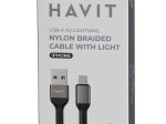Įkrovimo laidas HAVIT DOT 6315, USB-A į Lightning, su indikatoriumi, sustiprintas, iki 2.4 A, 1 m, juodos sp.