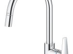 Plautuvės maišytuvas GROHE QUICKFIX START EDGE, su C-formos snapu ir ištraukiamu dušeliu, 360° pasukimo kampu, chromo spalva, 30550000