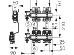 Žalvarinis grindinio šildymo kolektorius FERRO, N-RZP 1″su srauto matuokliais, termostatiniais vožtuvais ir 16x2 mm nipeliais, 3 žiedų, N-RZP03S