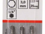 Šešiabriaunis antgalis BOSCH, l=25mm 3,0 mm, Extra Hart, 3 vnt
