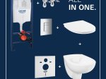 Klozeto komplektas GROHE SOLIDO 5-in-1 BAU CERAMIC: rėmas GROHE Rapid SL, klozetas Grohe Bau Ceramic, mygtukas Grohe Even, chromo sp., laikikliai ir garso izoliacijos tarpinė, 112957SH00