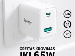 Telefono ir nešiojamo kompiuterio įkroviklis SPONGE Charger C3, 65 W, USB-C ir USB-A, GaN TÜV sertifikatas
