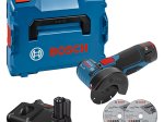 Akumuliatorinis kampinis šlifuoklis BOSCH Professional, GWS 12V-76, V-EC, 2x3.0Ah, GAL 12V-40, šlifavimo / pjovimo disko Ø 76 mm, priedai