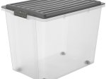 Daiktadėžė ROTHO Compact A3, skaidri, su pilku dangčiu ir ratukais, 70 l