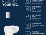 Klozeto komplektas GROHE SOLIDO 5-in-1 BAU CERAMIC: rėmas GROHE Rapid SL, klozetas Grohe Bau Ceramic, mygtukas Grohe Even, chromo sp., laikikliai ir garso izoliacijos tarpinė, 112957SH00