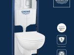 Klozeto komplektas GROHE SOLIDO 5-in-1 BAU CERAMIC: rėmas GROHE Rapid SL, klozetas Grohe Bau Ceramic, mygtukas Grohe Even, chromo sp., laikikliai ir garso izoliacijos tarpinė, 112957SH00